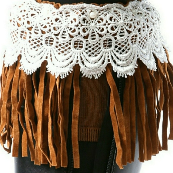 Lace & Suede Fringe Cuffs With Pearl Detailing - Picture 2 of 5